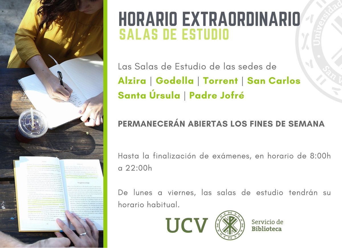 Buenos días! Actualizamos el horario de apertura de las Salas de #Estudio UCV los fines de semana. A partir de este mismo finde y hasta la finalización de los #exámenes, también se abrirá la #biblioteca de las sedes de Santa Úrsula y Padre Jofré. <a href="/UCV_svm/">Universidad Católica de Valencia</a> <a href="/MasterMktPol/">Master Mkt Político</a>