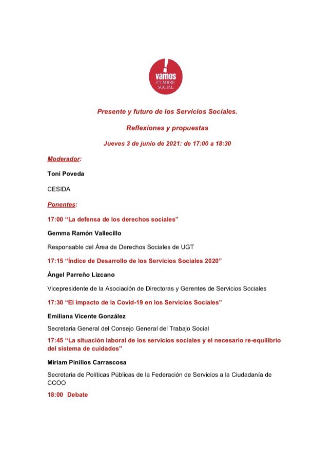 cesida_esp's tweet photo. “Presente y futuro de los Servicios Sociales. Reflexiones y propuestas”
Jueves, 3 de junio de 2021
De 17:00 a 18:30 horas
#reservafecha 📣Para asistir al mismo, deberéis inscribiros previamente en el siguiente enlace: https://t.co/z3DFbzQ6b2 https://t.co/kPCa0nc4BL