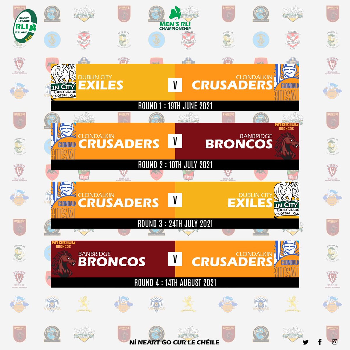 Our Fixtures for the <a href="/Irelandrl/">Rugby League Ireland</a> season are out! We will compete in Division 2 East alongside <a href="/DubCityExiles/">Dublin City Exiles Rugby League</a> 'A' and Banbridge Broncos.