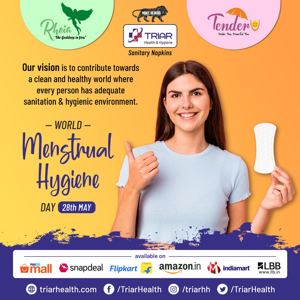 TriarHealth's tweet photo. On World #MenstrualHygieneDay,
#Triar reiterates its vision - To contribute towards a clean &amp; healthy world where every person has adequate #sanitation &amp; #hygienic #environment.

Our brands, #Rheia &amp; #TenderU are a testimony to our continued efforts towards our #vision. https://t.co/sEdVTL9zaC