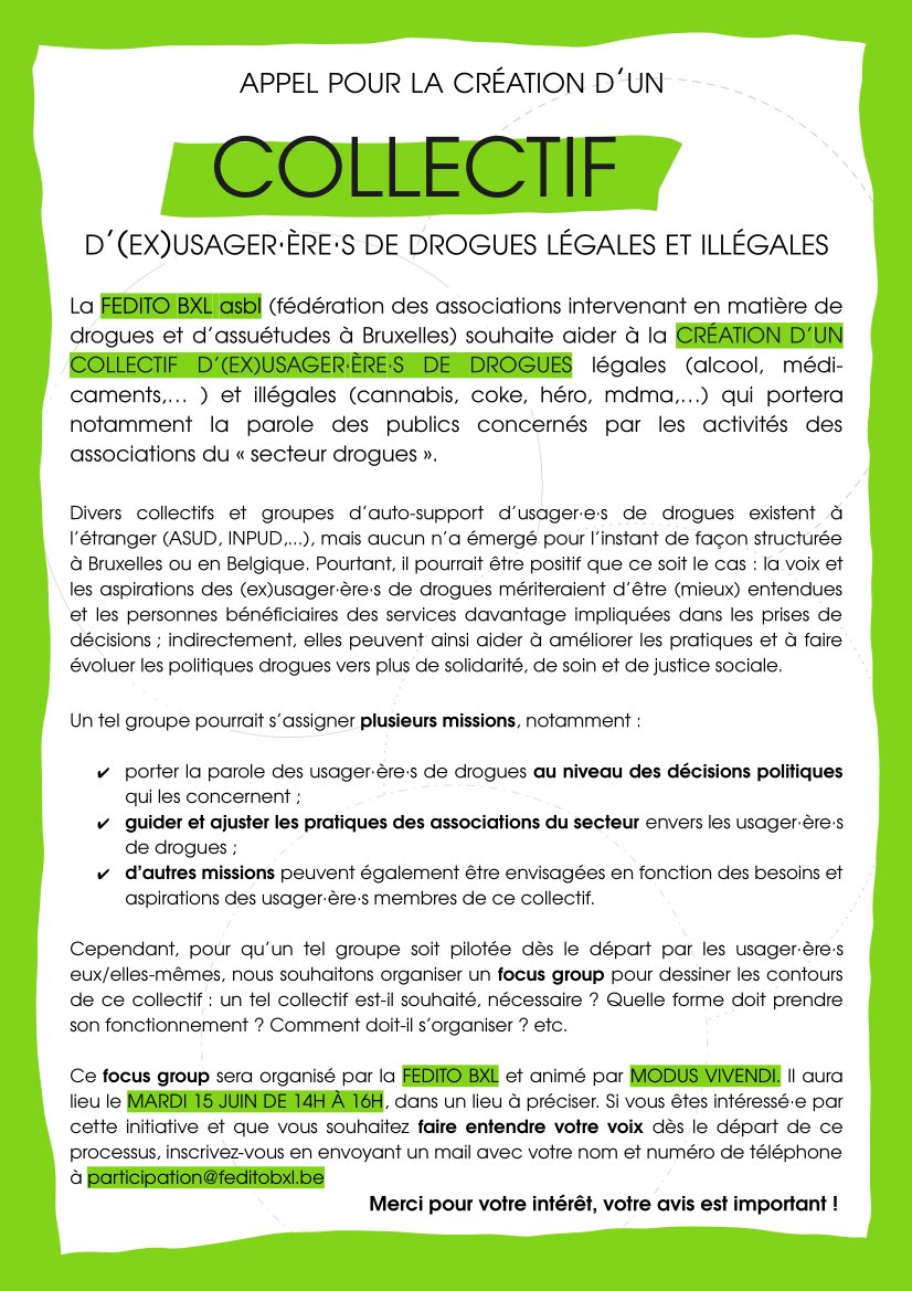 fedabxl's tweet photo. En vue de constituer, à terme, un collectif d'(ex-)usager‧e‧s de drogues (légales et illégales), la @feditobxl organise le 15 juin à 14h un focus group pour en dessiner les contours. 
Info / contact : participation@feditobxl.be https://t.co/6NIQJwsVQA