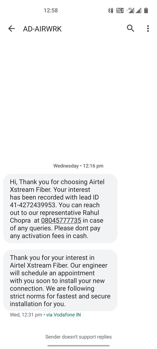 nitinsachdeva1's tweet photo. @Airtel_Presence @airtelindia Hi , I have booked a connection of Airtel fibre connection for Dehradun location &amp; I have paid Rs 2828 for 3 month plan , but installation is pending and the Concerned person Mr Rahul Chopra &amp;  Rajesh Grover Mobile no - 7500424096 is not responding. https://t.co/ShcVrUzDAP