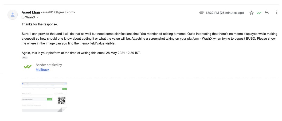 khan_aseef's tweet photo. @WazirXCares 
BUSD deposits don't have a memo field on your platform and your support says that the user went wrong. 
Your service response is just plain ignorant

The transaction amount was 1 BUSD cause I knew you guys would mess up and I would lose the entire transaction amount https://t.co/faXSYjU9u0