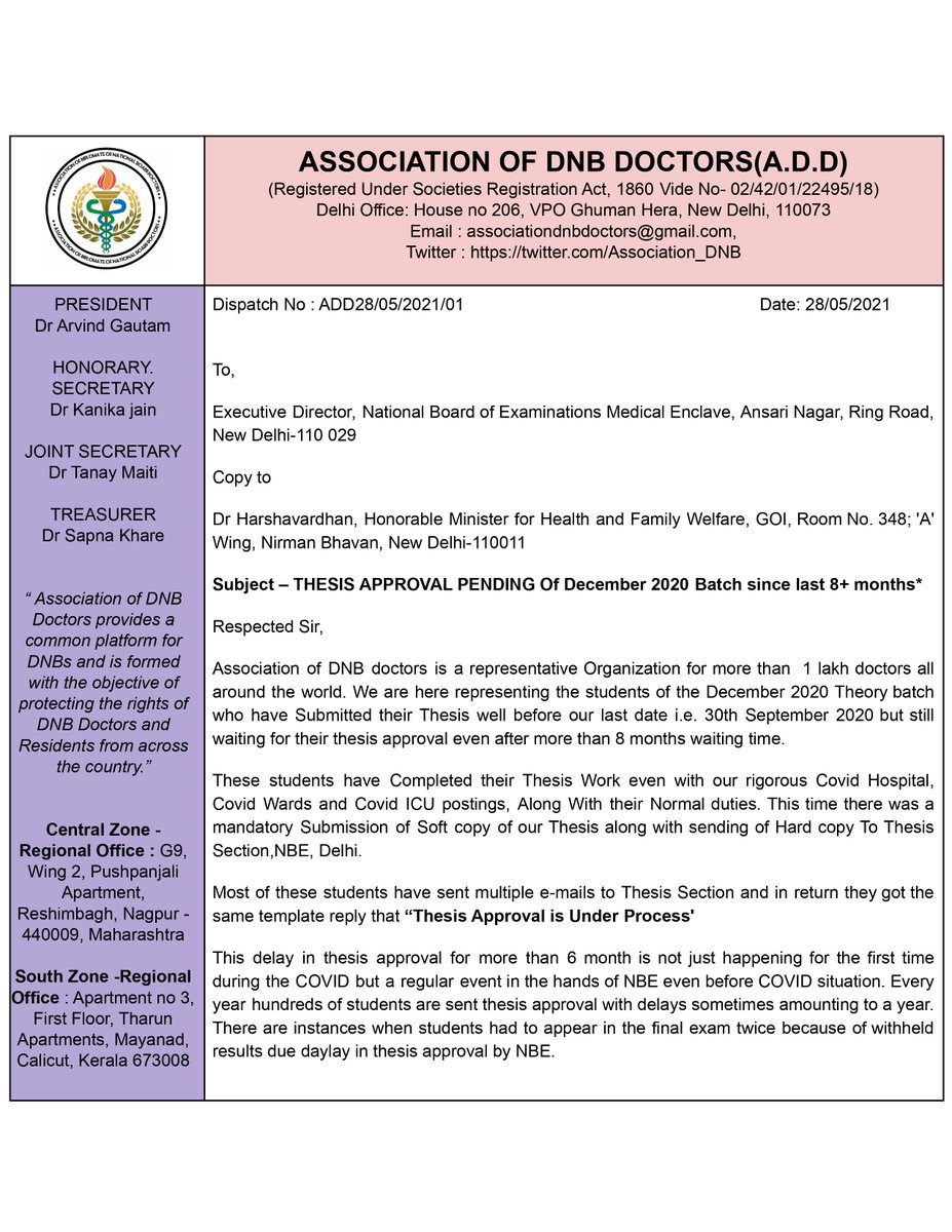 Association_DNB's tweet image. Our representation to #NBE to clear pending thesis approval of DNB Doctors for more than 8 months. @profplal @MoHFW_INDIA @drharshvardhan @drharshvardhan @MedReporters @RemaNagarajan