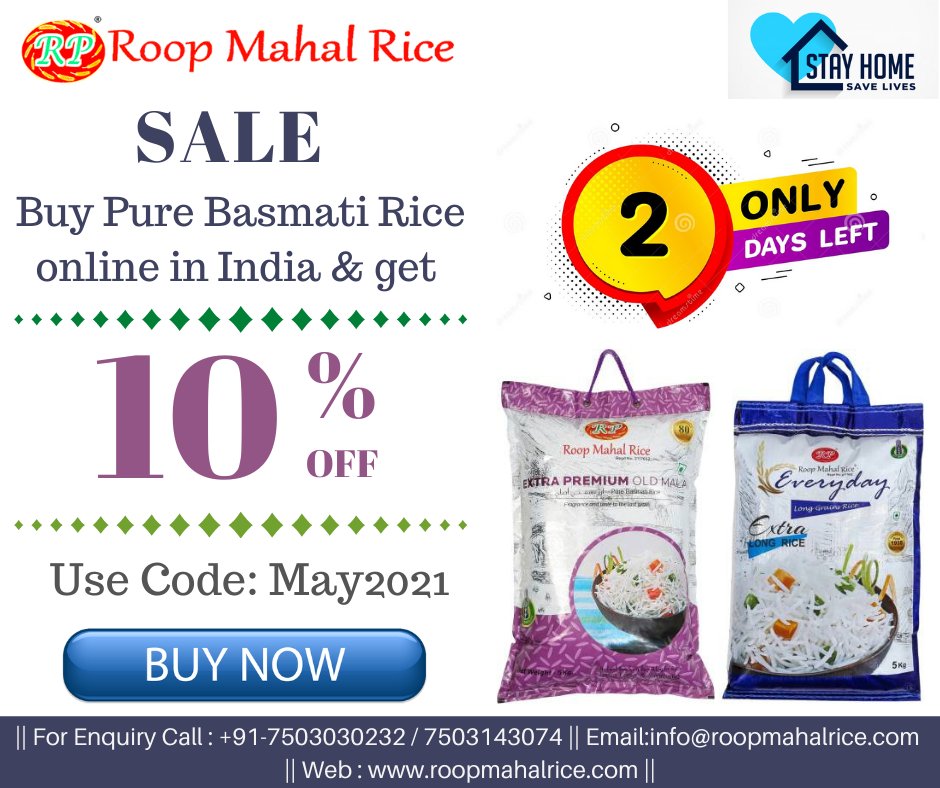 Roop_Mahal_Rice's tweet photo. Buy Pure basmati rice online in India at best price with free shipping all over India.
Get Flat 10% off on Roop Mahal Rice 
Use Code: May2021
Buy Now: https://t.co/TNNZfou8T1
#rice #basmati #food #foodlover #biryani #biryanilover #ricebowl #blood #rich #better #tasty #roopmahal https://t.co/WwBJpAc6iN
