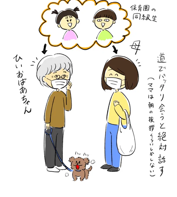 さっきばったり会って10分くらい立ち話してた唯一の保育園の話せるババ友
いや、ババ友なんて言ったら失礼なんだけども
ひいおばあちゃんてビックリだよなぁ…ママすごい若い子っぽいから…おばあちゃんも若いんだよ 