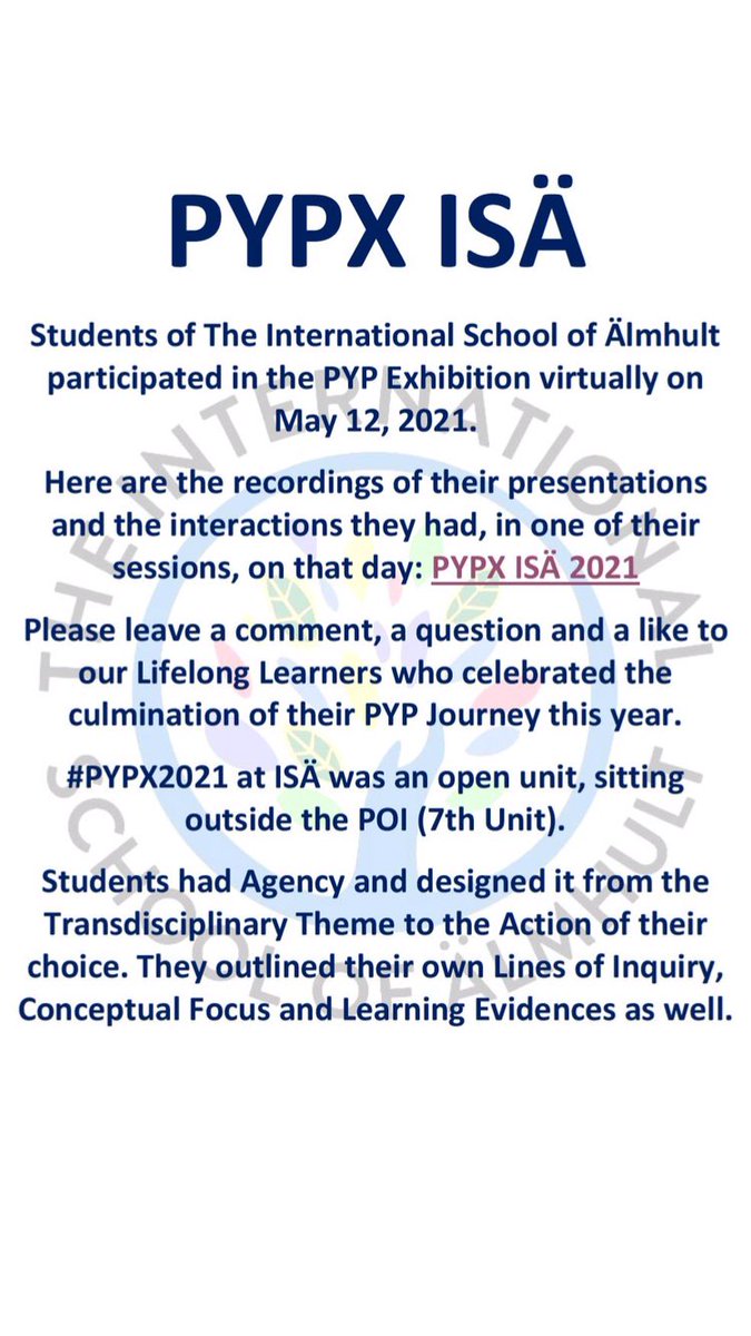 #ISÄ celebrated #PYPX2021 on May 12th. Come and celebrate our lifelong learners' journey at 
youtube.com/playlist?list=… 
#ISÄPYPX2021 #PYP #IBO #PYPX