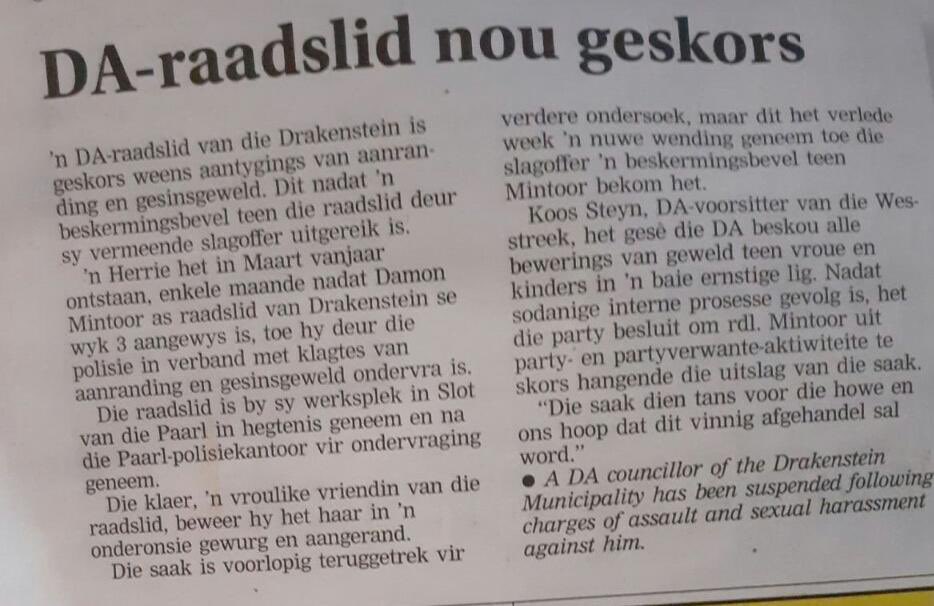 EFFWesternCape_'s tweet photo. EFF Western Cape welcomes the suspension of the DA Councillor in the Drakenstein Municipality following charges of assault and sexual harassment that were leveled against him.  His suspension followed after EFF  demanded that he be suspended.  @EFFSouthAfrica @Julius_S_Malema https://t.co/OYrwVaQbrZ