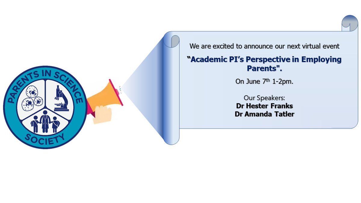 ParentsScience's tweet image. Join us on June 7th for Academic PI’s Perspective in Employing Parents with @ParentsScience
and @amandatatler, @drhesterfranks. 
Looking forward to seeing you all!!😀😀😀
