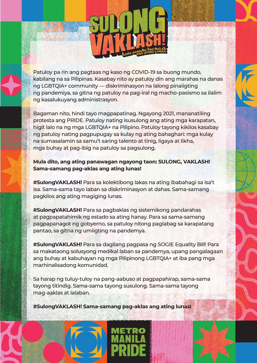 mmprideorg's tweet photo. "Patuloy tayong kikilos kasabay ng patuloy nating pagpupugay sa kulay ng ating bahaghari."

Mga mahal, basahin ang buong manifesto ng Metro Manila Pride ngayong taon! 🌈

#SulongVAKLASH

1/9 https://t.co/WJhB1aIZns