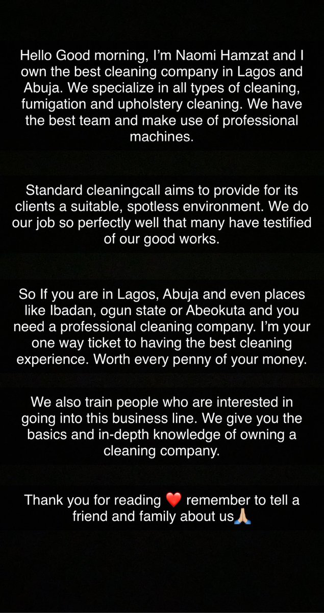 Njideekah's tweet photo. Good morning. Book my cleaning services. God bless you https://t.co/OxbAfYp2A8