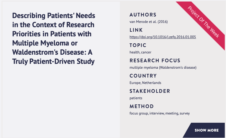 #OTD is #WorldBloodCancerDay #WBCD

#projectoftheweek in the first worldwide #prioritysetting database is from Tiny van Merode and colleagues from <a href="/MaastrichtU/">Maastricht University</a>: 👉 bit.ly/3bUCU9Q
 
#bloodcancer #leukaemia #multiplemyeloma #WearItRed #PPI #CitizenScience #OpenScience #RRI
