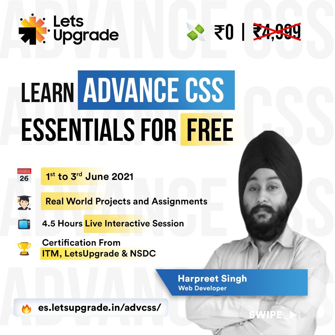 LetsUpgrade_in's tweet image. Level up your game with Advance CSS Essentials now for FREE!
Get those CSS tips you didn't know you needed!
Apply now: luc.to/ES-Advcss-Twit…
#letsupgrade #advancedcss #webdevelopment #css #html #javascript #programming #coding #webdeveloper #php #developer #code #programmer