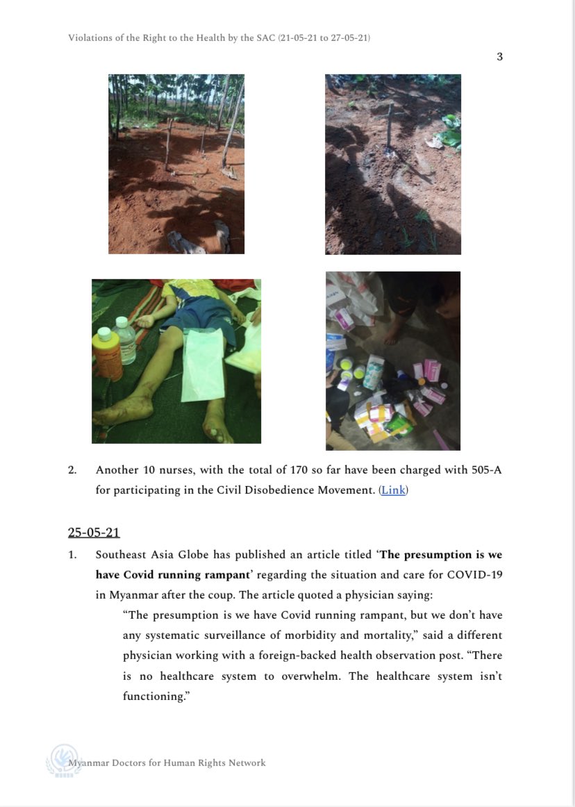 DoctorsRights's tweet photo. Our weekly report of violations of the rights to Health and medical neutrality by SAC.
{21.05.21 - 27.05.21} (Part 1)
Detail report can be seen here 👇
https://t.co/ReUhHDRoch (GDocs)

https://t.co/VUYohu7nPu (PDF)

#WhatIsHappeningInMyanmar #SaveMedicsMyanmar https://t.co/5n5qrurpHc