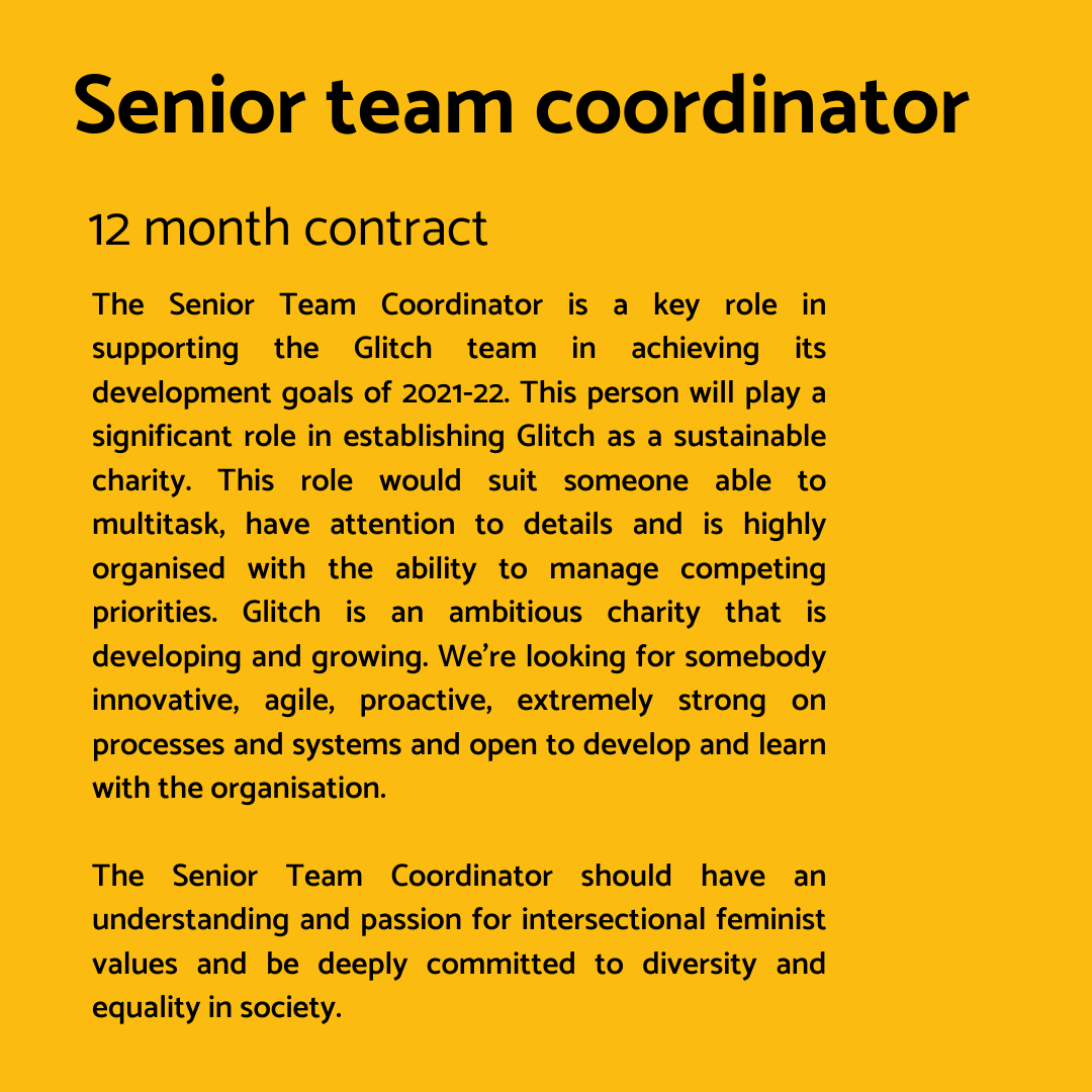 GlitchUK_'s tweet image. Applications for #CommsManager &amp;amp; #SeniorTeamCoordinator roles are closing over the next couple of days. Apply here: bit.ly/3fjQRyW #CharityJobs #ThirdSectorJobs