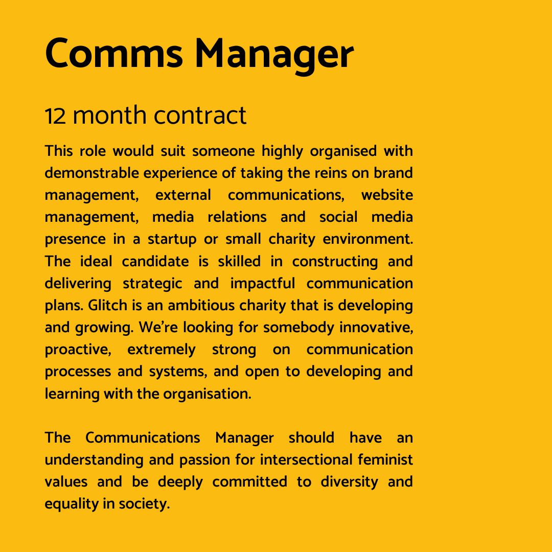 GlitchUK_'s tweet image. Applications for #CommsManager &amp;amp; #SeniorTeamCoordinator roles are closing over the next couple of days. Apply here: bit.ly/3fjQRyW #CharityJobs #ThirdSectorJobs