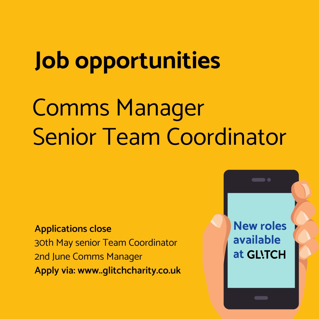GlitchUK_'s tweet image. Applications for #CommsManager &amp;amp; #SeniorTeamCoordinator roles are closing over the next couple of days. Apply here: bit.ly/3fjQRyW #CharityJobs #ThirdSectorJobs