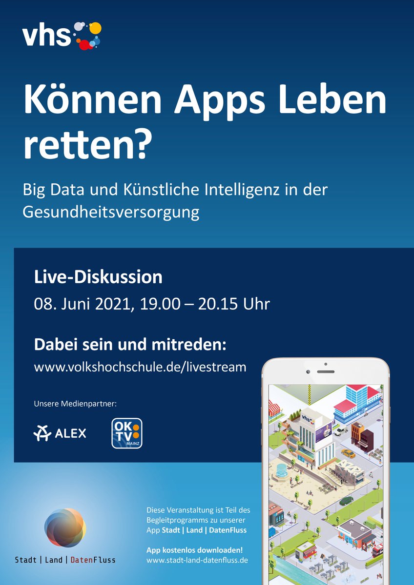 vhs_dachverband's tweet photo. Können Apps Leben retten? Über den Einfluss von #BigData und #KI auf die ⚕️💊Gesundheitsversorgung diskutieren wir am 8. Juni ab 19 Uhr. Mit dabei sind Britta Böckmann, @digitalmedizin und Moderator @D_Reissmann. Einschalten über: ➡️https://t.co/y3Mw62zZH3 https://t.co/IsC0fnHn63