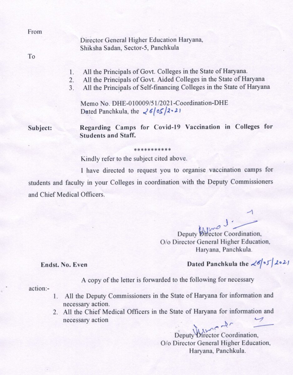 उच्चतर शिक्षा विभाग, हरियाणा के टीकाकरण से सम्बंधित निर्णय का ABVP गुरुग्राम विश्वविद्यालय स्वागत करती है जिसमें हरियाणा प्रदेश के सभी निजी एवं सरकारी विश्वविद्यालय और महाविद्यालय में टीकाकरण शिविर का आयोजन किया जाएगा जिसमें शिक्षकों और विद्यार्थियों को कोविड-१९ टीका लगाया जाएगा।