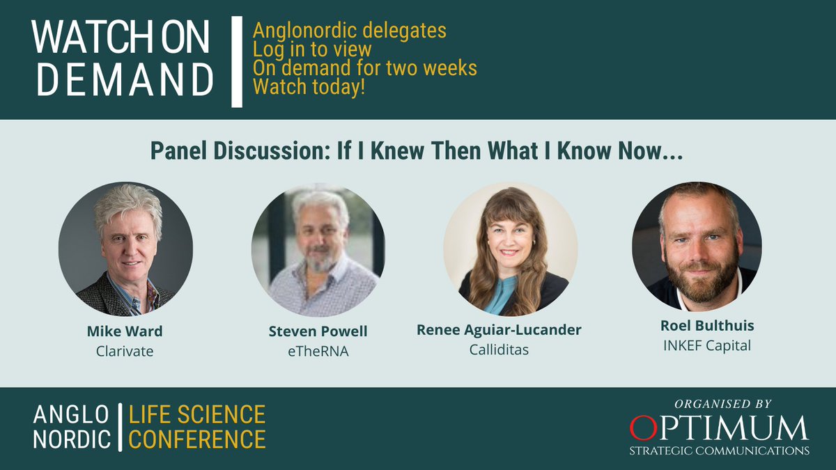OptimumComms's tweet photo. 'If I knew then what I know now!' Big thanks to our panellists from #inkefcapital @Calliditas1 & @eTheRNA_immuno for sharing their experiences with chair @BioPharmaMike @Anglonordic #lifescience Conference. Delegates can log in to replay here: https://t.co/lWsb2r66Fc #healthcare https://t.co/4Cm27PfTS6
