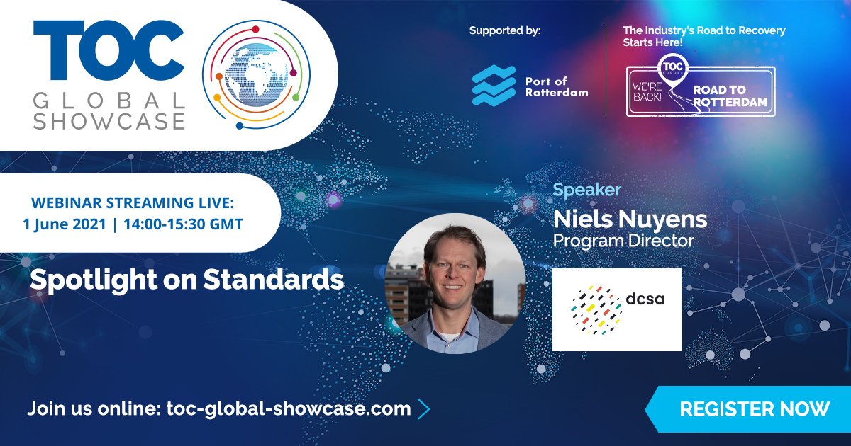 TOCWorldwide's tweet photo. Join Niels Nuyens - @DCSA_org 
 at #TOCGlobalShowcase for a #Standards session on the present &amp; future challenges for the #port and #terminal sector >> https://t.co/JFXeUyxSGN

#TOCDigital #port #terminal #supplychain #logistics #maritime https://t.co/Kl9p8FdsQx