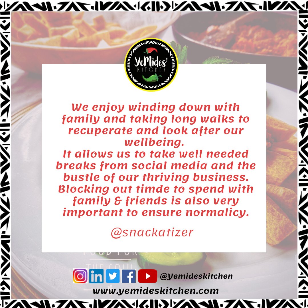 YemidesKitchen's tweet photo. Long walks, family time &amp; regular social media breaks are small but efficient ways of taking care of your #wellbeing. 

We loved these awesome #wellbeingtips from the amazing @snackatiser.

#food #wellness #yemideskitchen https://t.co/jHgiPowKP4