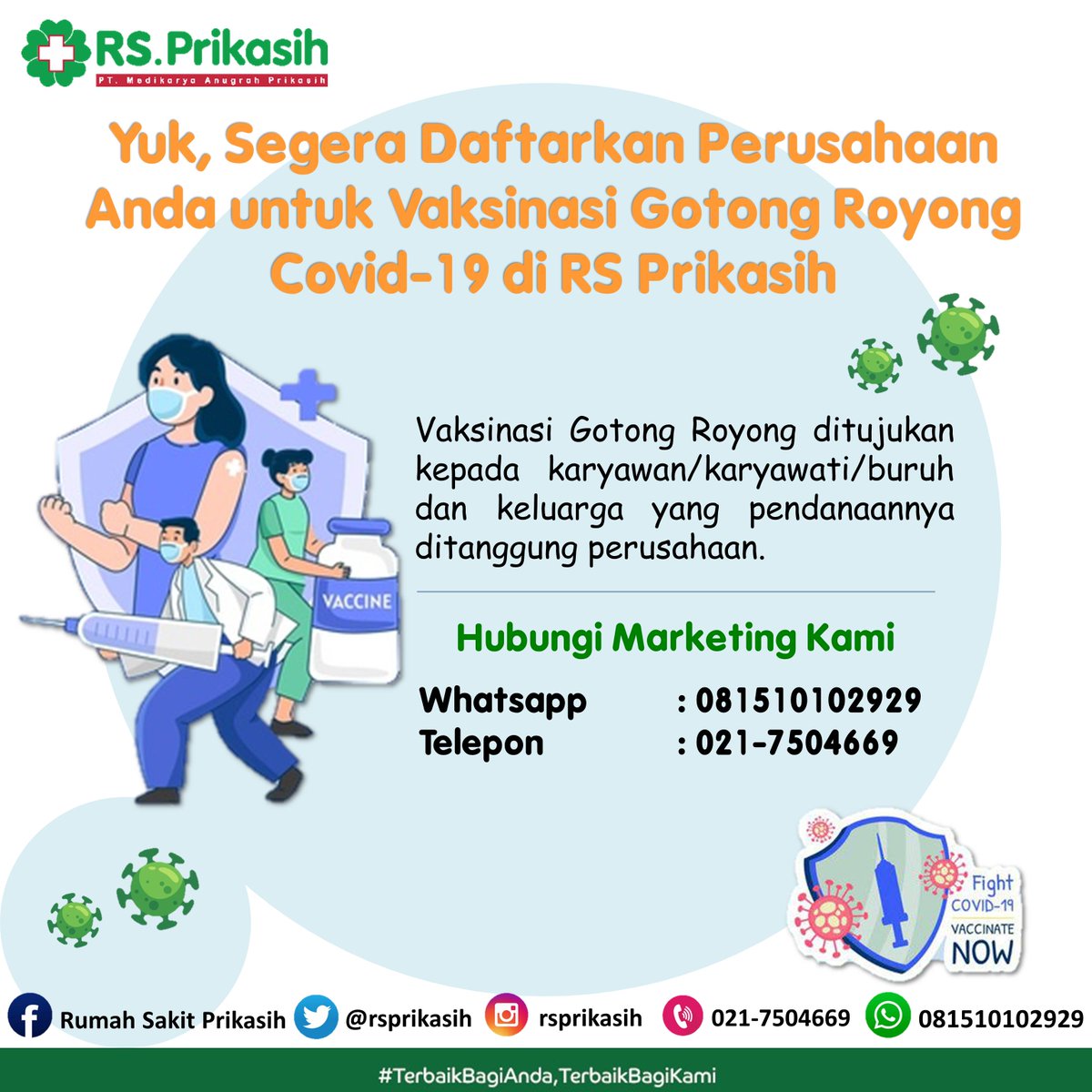 rsprikasih's tweet photo. RS Prikasih melayani Vaksinasi Gotong Royong Covid-19 untuk Perusahaan Anda
.
Informasi lebih lengkap, dapat menghubungi Marketing Kami ya 😊
.
Salam sehat untuk kita semua Sahabat Prikasih 💚

#vaksingotongroyong #vaksincovid #covid19 #covid #covid19indonesia #virus  #rsprikasih https://t.co/OJEnCiBb43