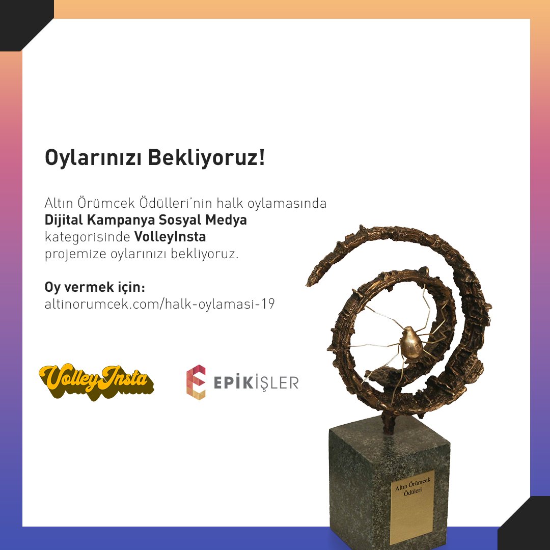 Finale kaldığımız Altın Örümcek Ödülleri’nin halk oylamasında Dijital Kampanya Sosyal Medya kategorisinde VolleyInsta projemize oylarınızı bekliyoruz. Destek veren herkese teşekkürler.🏆

Oy verebilmek için:
👉altinorumcek.com/halk-oylamasi-…

#AltınÖrümcek #AklındaNeVar