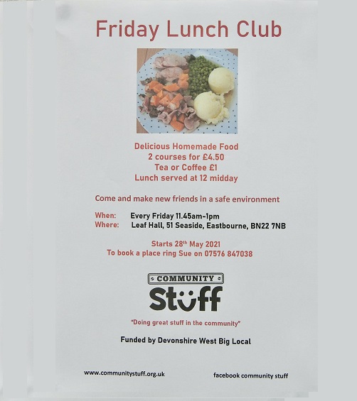 Community Stuff's Friday Lunch Club is Back!
Funded by Devonshire West Big Local this is a great opportunity for local residents to enjoy a 2-course meal together for just £4.50.
Now at Leaf Hall
Find out more at zcu.io/u0ev  
#friday #lunchclub #communitystuff #dwbl