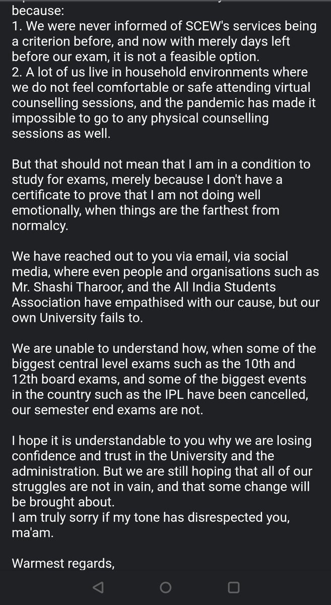 big_foot666's tweet photo. Please go through this and the next tweet!! Our director asked us to reach out personally and I did, and what can I say, didn't expect any better. I really did put my heart into this letter, had enough 😣 
(1/2) 
@symbiosistweets @vidya_symbiosis 
#cancelexamssymbiosis https://t.co/ibwVf4hH20