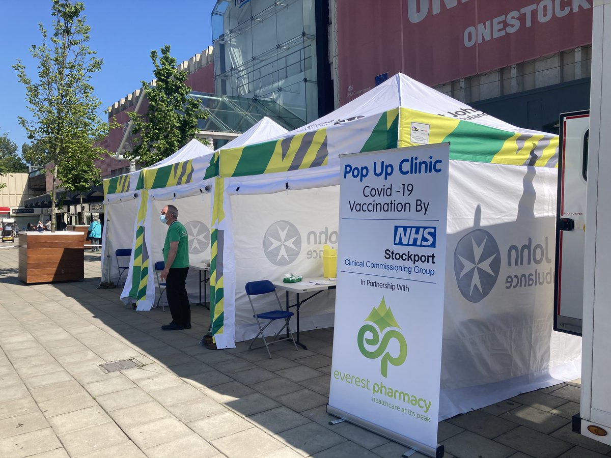 The Stockport Town Centre pop up vaccination site in Mersey Square is open again soon (10am - 4pm). Anyone aged 30 or over is invited to come and get their first dose of the AstraZeneca vaccine. <a href="/stjohnambulance/">St John Ambulance England</a> <a href="/EverestPharmacy/">Everest pharmacy</a> <a href="/merseyway/">Merseyway</a> <a href="/RoyalVoluntary/">RoyalVoluntarySvc</a> <a href="/StockportMBC/">Stockport Council</a>