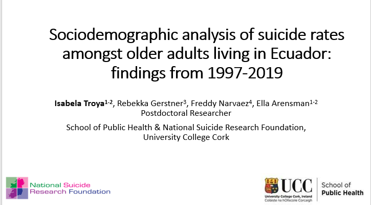 IsabelaTroyaPhD's tweet photo. Looking forward to presenting our #manuscriptinprogress at @c_sshri this morning: Sociodemographic analysis of suicide rates among older adults living in Ecuador-findings from 1997-2019 @Remfgd @NSRFIreland #CSSHRI https://t.co/8iQxwClKPj