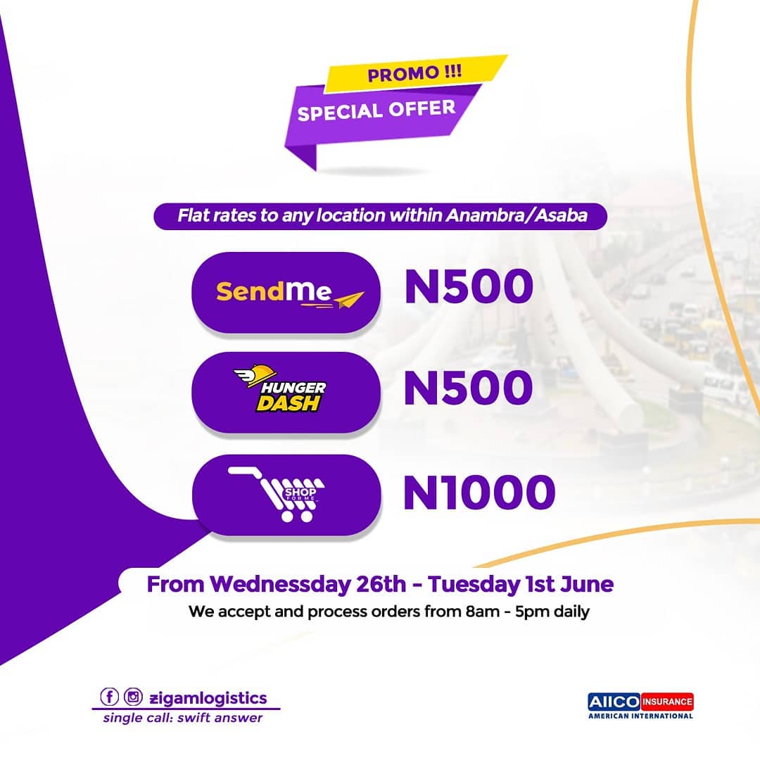 Zigamlogistics's tweet photo. DAY-3 OF OUR SPECIAL OFFER PROMO.

Earlier this morning, @jessyhealthyfood recommended us for deliveries within Anambra State.

Thank you Jessy for the kind gesture.

We have a special place in our heart for people who recommend our services to their friends and family.
#zigam https://t.co/2chnH8uc1b