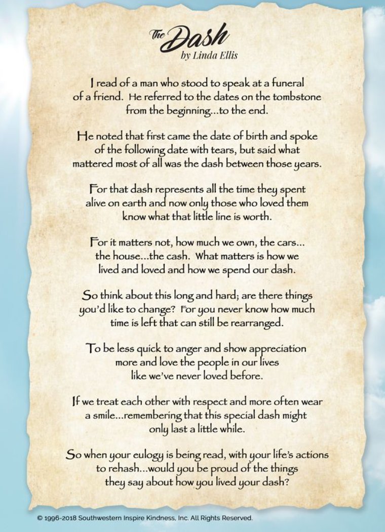 Yesterday was the funeral of my dad's best friend. He had a humanist service, the Celebrant read this poem and my Dad can't stop thinking of the words. So i just looked it up. I can see why it touched him...how will you live your dash? x