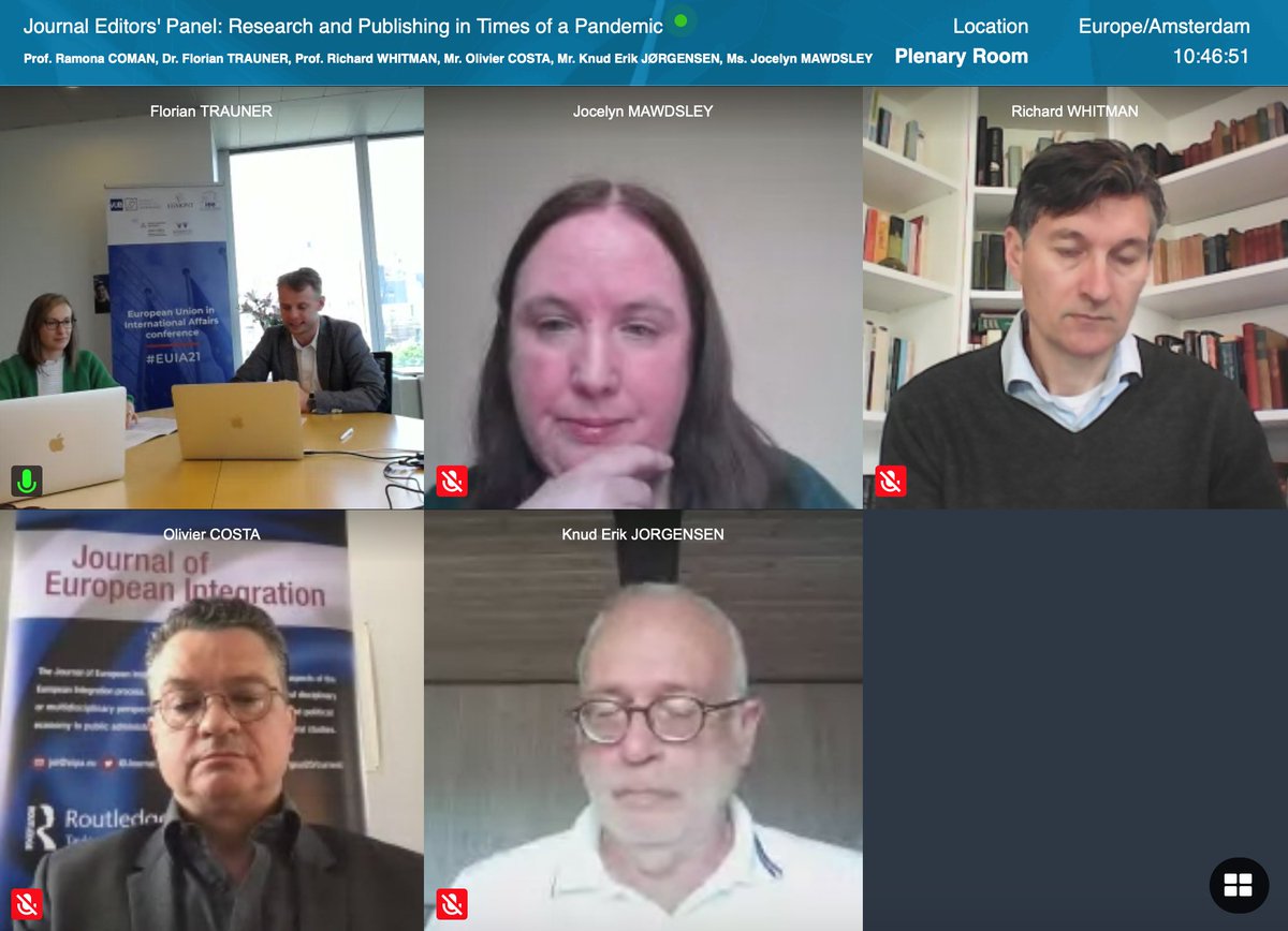 Brussels_School's tweet photo. Now at #EUIA21 begins the "Journal Editors' Panel: Research and Publishing in Times of a Pandemic" with Prof. COMAN (@IEE_Bruxelles, @ULBruxelles) and Prof. @ftrauner (@Brussels_School, @VUBrussel) as chairs. https://t.co/TCzYJMT6CV