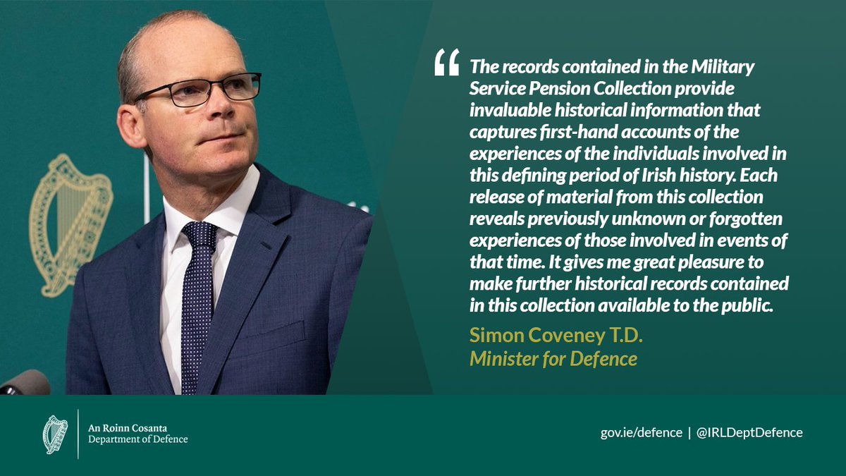 The Minister for Defence, Mr @simoncoveney T.D. today announced the latest release of material from the Military Service (1916-1923) Pensions Collection (MSPC) online. @dfarchives @mspcblog  

Full statement: bit.ly/3wCyfBk