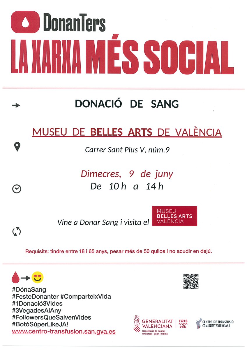 CliCanLi's tweet photo. «Dóna sang perquè el món continue bategant» aquest és el lema que llança enguany l'@OMS_Ofic Hem preparat estos 3 llocs especials @MuVIM @GVAmubav @ConsorcioMuseos on podràs donar la teua goteta de solidaritat i #Salvar3Vides🩸🩸🩸 @GVAdonasang https://t.co/KUKTLzdHwS