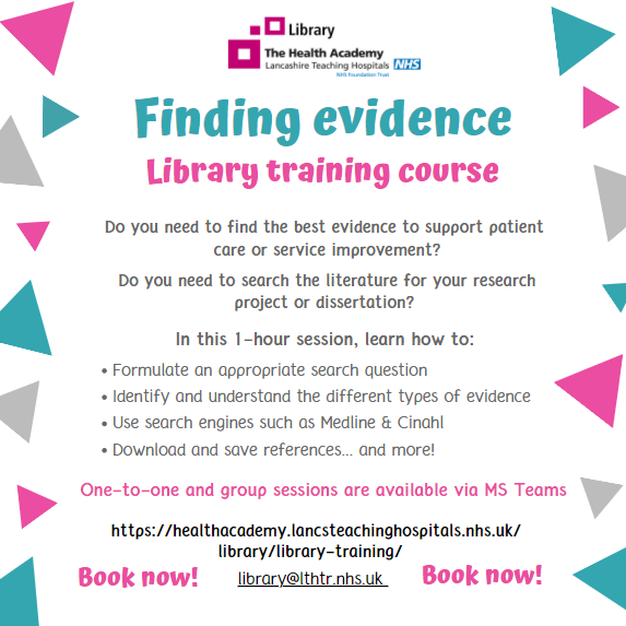LancsHospLib's tweet photo. Need help with a literature search? We can provide virtual training to help you find the evidence you need for patient care, service improvement, dissertation or project. Get in touch to book! π library@lthtr.nhs.uk #LTHTrFindingEvidence π https://t.co/yQRfeTsV5H