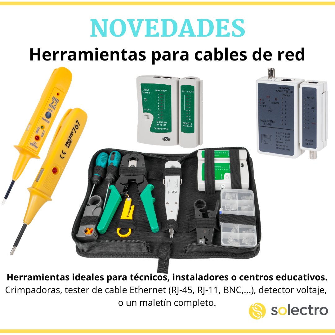 solectroshop's tweet photo. Herramientas para cables de red ideales para técnicos, instaladores o centros educativos.
☀ Incluimos en nuestro catálogo #crimpadoras, #tester de cables de #red (#RJ45, #RJ11, #BNC,...), detectores de voltaje y un kit completo en un fantástico maletín.
#solectro #solectroshop https://t.co/sXqf8qtJQV