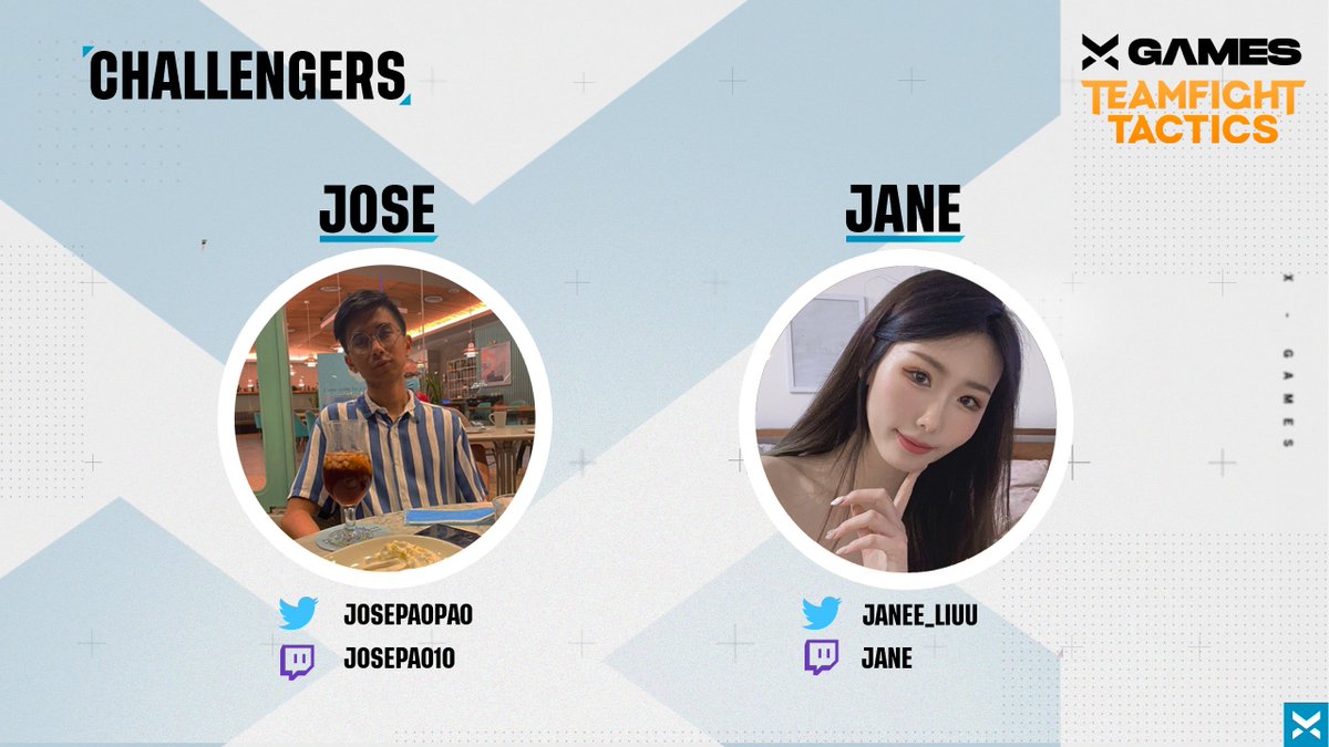 Our first challengers have entered the arena...

⚔️ @josepaopao // twitch.tv/josepao1o

⚔️ <a href="/janee_liuu/">Jane 🦋</a> // twitch.tv/jane 

Think you can take them on in X Games: TFT Championship Weekend?😈

If so...

REGISTER NOW↙️
discord.gg/AHaTahuVbq