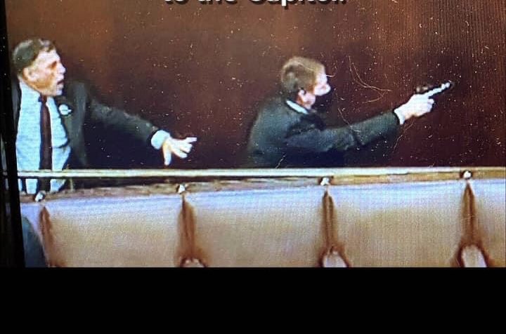 The man screaming in terror as he cowers behind a security guard is GQP Rep. Andrew Clyde, the same guy who compared Trumps 6/1 Insurrection to a “normal tourist visit” to the Capitol. 🤔#Jan6Commission