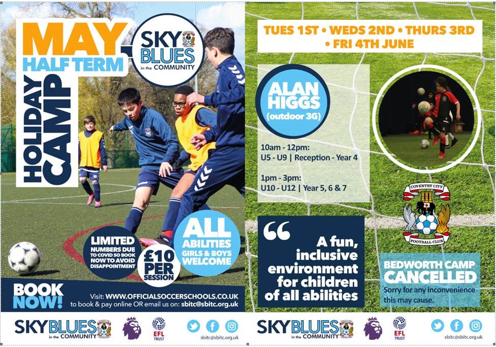 SBitC are running holiday football camps at the Alan Higgs Centre from June 1st – June 4Th. Sessions for KS1 pupils will be from 10-12pm and sessions for KS2 pupils from 1-3pm.