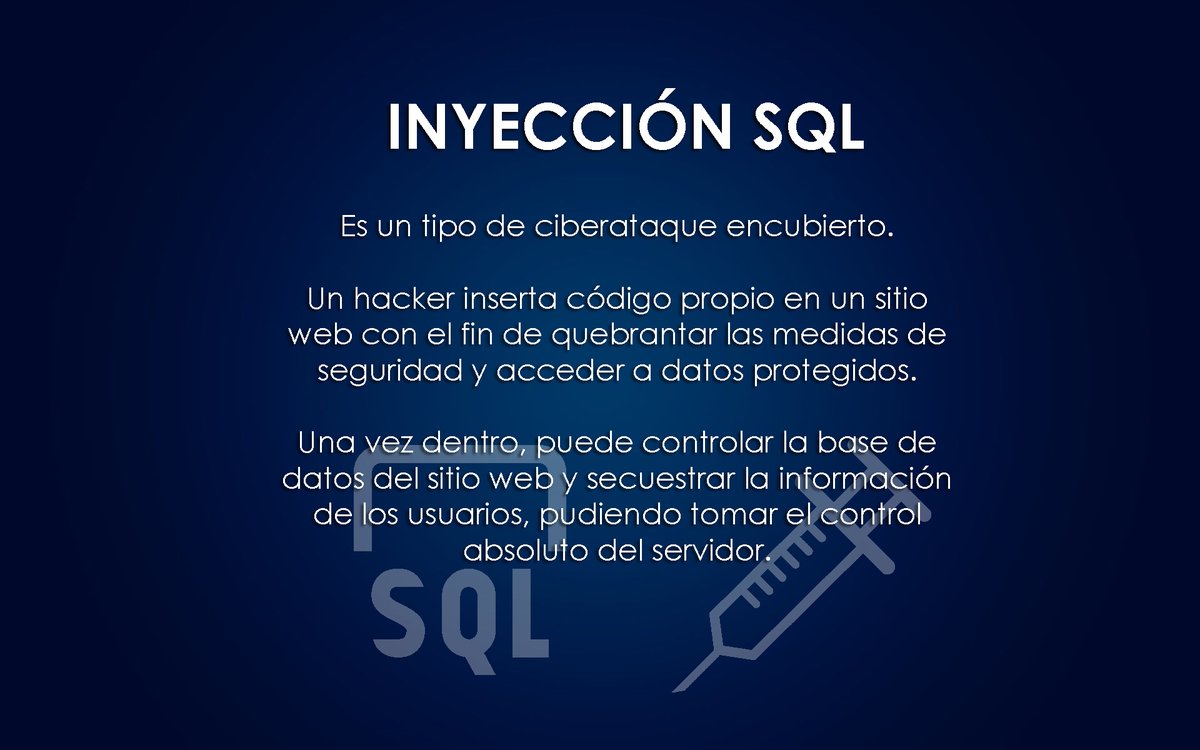 EmpresaCorrecta's tweet image. ⚠️ #INYECCIÓNSQL ⚠️
#SQL es un lenguaje que permite que interactuemos con las bases de #datos.
💉👾💉👾💉👾💉
Es un ataque a una aplicación web que, aprovechando errores de ésta, compromete nuestra base de datos mediante sentencias SQL maliciosas.