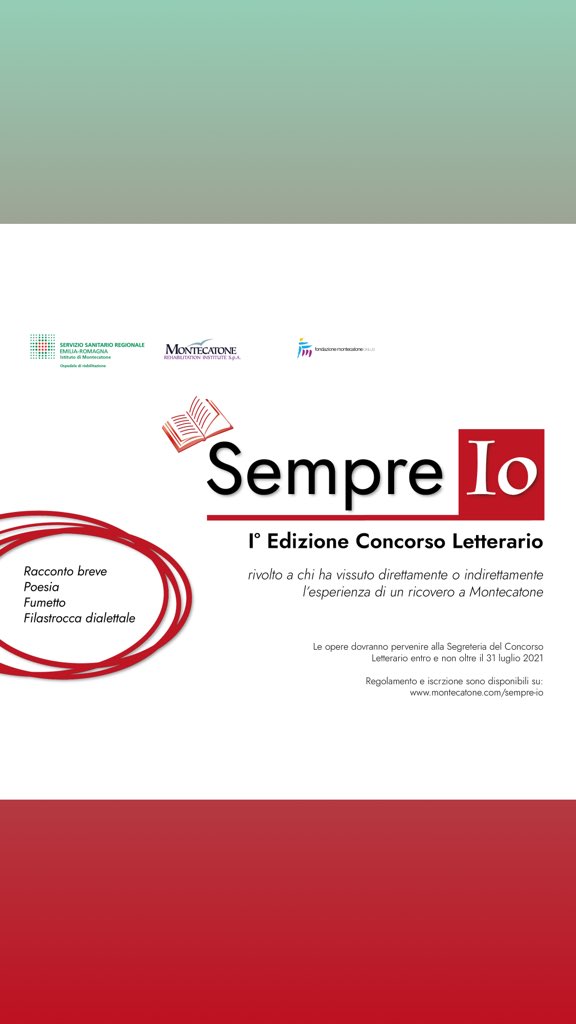 Hai vissuto direttamente o indirettamente un’esperienza a Montecatone?  Partecipa al #concorsoletterario SEMPRE IO 2021 rivolto a #pazienti, #operatori, #familiari, #volontari Hai tempo fino al 31 luglio. Regolamento e informazioni montecatone.com/sempre-io/
#concorsoletterario