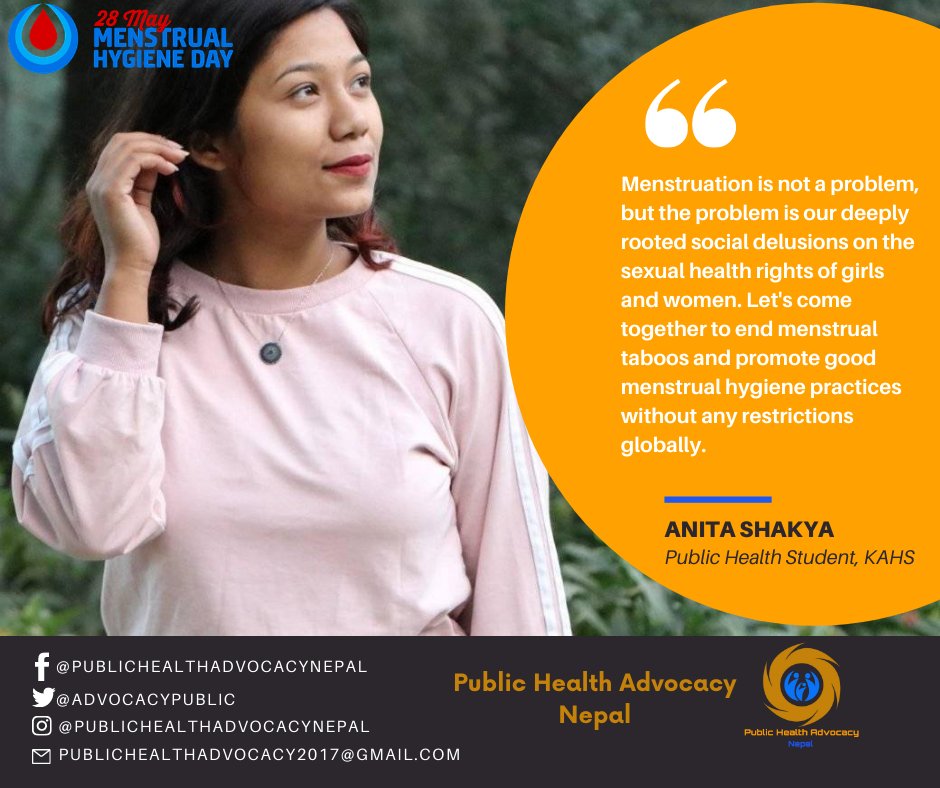 AdvocacyPublic's tweet photo. We celebrate menstrual hygiene day to break taboos surrounding menstruation and raise awareness of good menstrual hygiene practices worldwide.  
#MHDay28May #MHDay2021 
#menstrualhygieneweek2021  
#PublicHealthAdvocacyNepal 
#PHAnepal 
#PeriodsInPandemic 
#ItsTimeForAction https://t.co/jkASvhIA3o