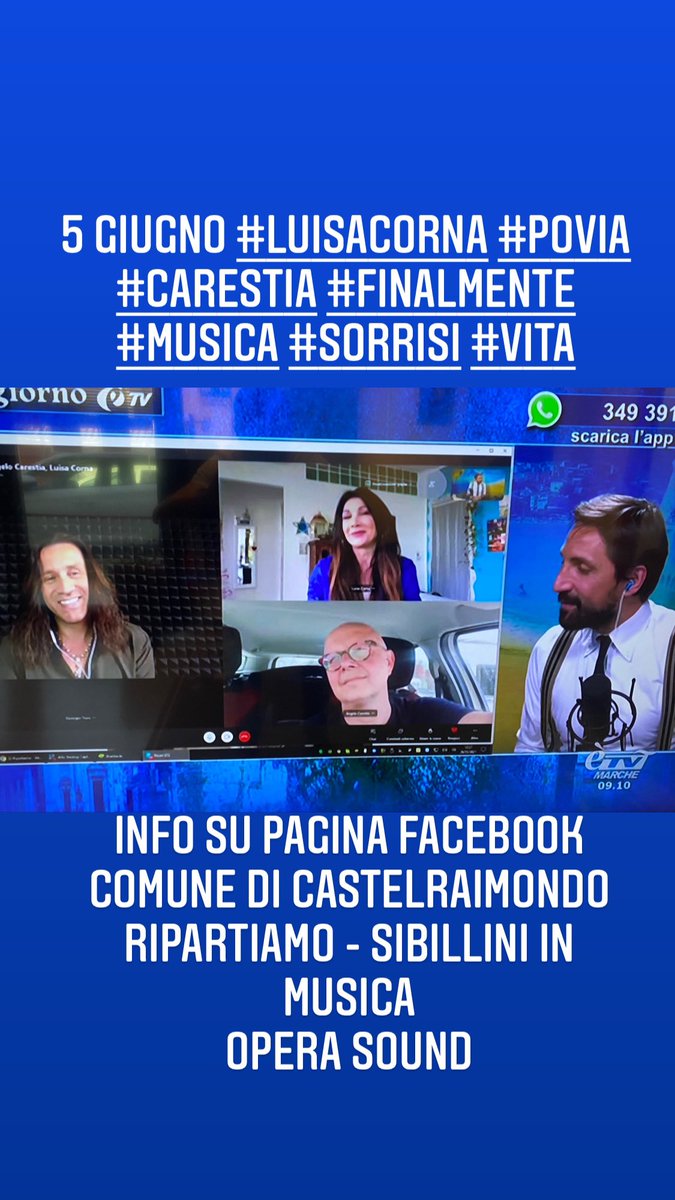 5 Giugno #LuisaCorna #Povia #Carestia #finalmente #musica #sorrisi #vita
5 giugno 2021. Dopo tante date legate a cose che nn si potevano fare (scadenze di dpcm, regole, divieti), ecco una data che indica una cosa che “si potrà fare”.
Finalmente...