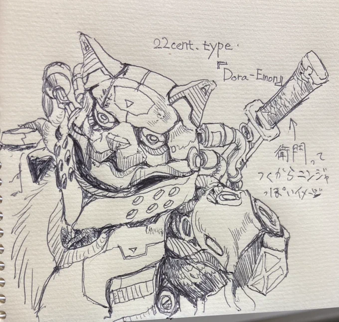 個人的に凄いのはドラえもんの造形で、『22世紀のネコ型ロボット』っていう設定であのデザイン起こせるのは神の領域だと思う。これは適当に描いたネコ型ロボットだけどここからどう頑張ってもあの造形まで行く気がしない 