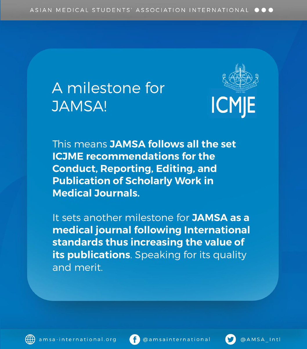 j_amsa's tweet photo. Setting milestones and achieving new heights. JAMSA is now enlisted in ICMJE!
So what are you waiting for? Send in your article and scientific work and become a published researcher. https://t.co/vMEXnD6lfp