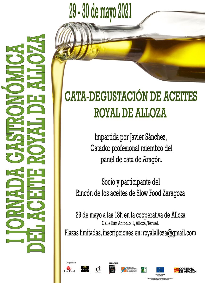 Este fin de semana en #Alloza , tendrá lugar la "1ª Jornada Gastronómica 👨‍🍳 del #aceiteroyal de Alloza". Con una cata comentada de aceite,menús 🍽 y tapas disponibles en establecimientos de la localidad.
#ProyectosBonitosLEADER <a href="/laojinegra/">La Ojinegra</a> <a href="/LaMasadaRoya/">Aceite la Masada Roya</a> <a href="/impelte/">Aceites Impelte</a> <a href="/Singlutenteruel/">Sin gluten Teruel</a>