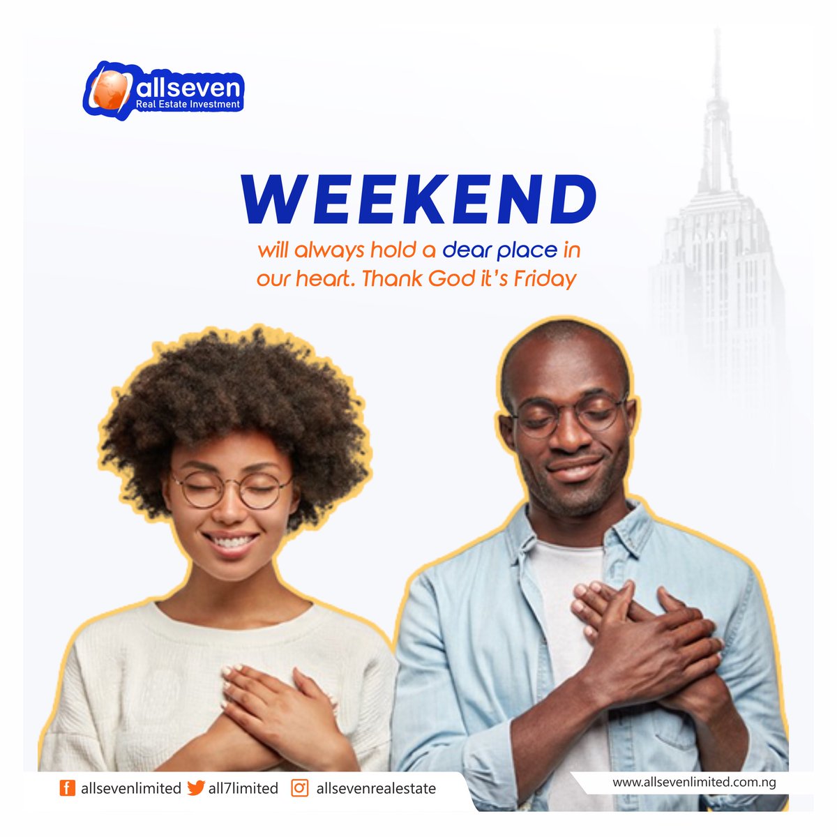 All7limited's tweet photo. What does fridays mean to you?
.
It holds a dear place in our heart.
.
Happy weekend.
.
#tgif
#weekend 
#thevoicenigeriaseason3 
#nigerianidolseason6 
#allsevenrealestate
#allsevenrealestateinvestmentlimited https://t.co/KyBJEQQBQC